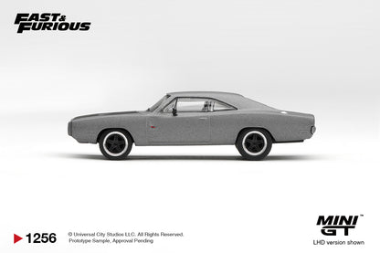 Mini GT 1:64 Fast & Furious 1968 Dodge Charger R/T Gray MGT01256-BL diecast model car side profile with black five-spoke wheels