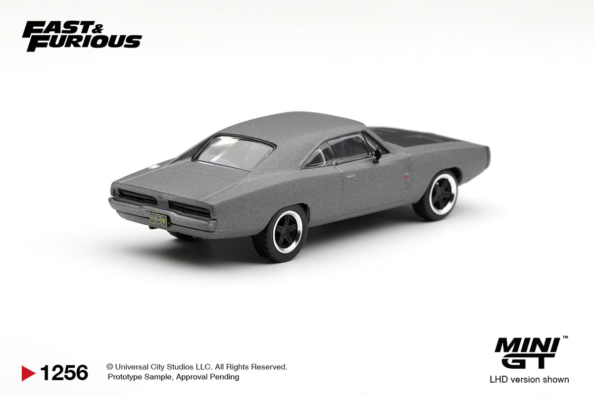 Mini GT 1:64 Fast & Furious 1968 Dodge Charger R/T Gray MGT01256-BL diecast model car rear three-quarter view with black five-spoke wheels