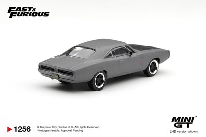 Mini GT 1:64 Fast & Furious 1968 Dodge Charger R/T Gray MGT01256-BL diecast model car rear three-quarter view with black five-spoke wheels