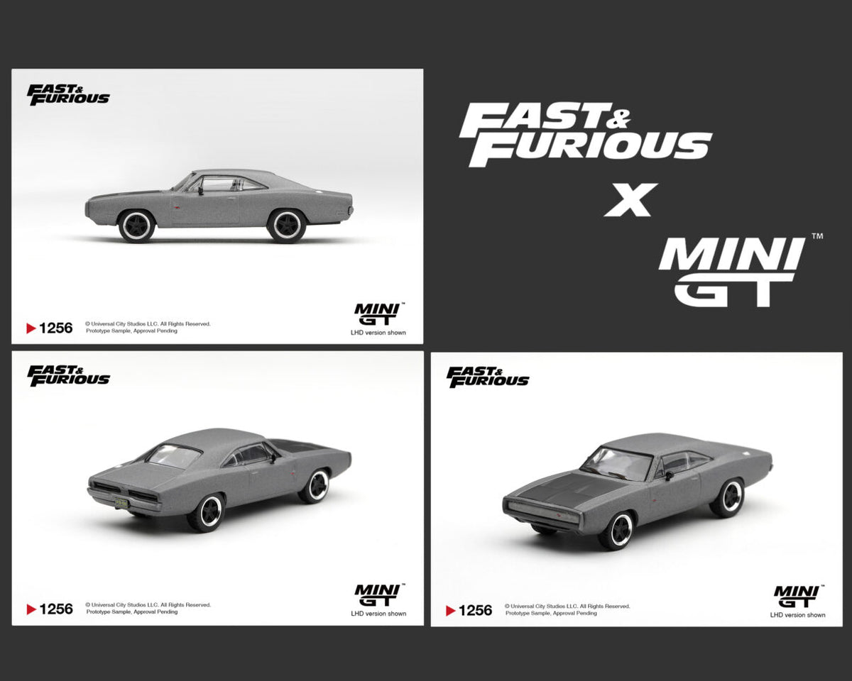 Mini GT 1:64 Fast & Furious 1968 Dodge Charger R/T Gray MGT01256-BL diecast model car with black hood and classic five-spoke wheels