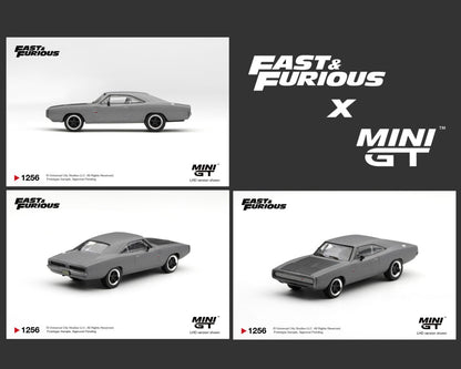 Mini GT 1:64 Fast & Furious 1968 Dodge Charger R/T Gray MGT01256-BL diecast model car with black hood and classic five-spoke wheels