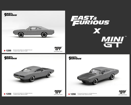 Mini GT 1:64 Fast & Furious 1968 Dodge Charger R/T Gray MGT01256-BL diecast model car with black hood and classic five-spoke wheels