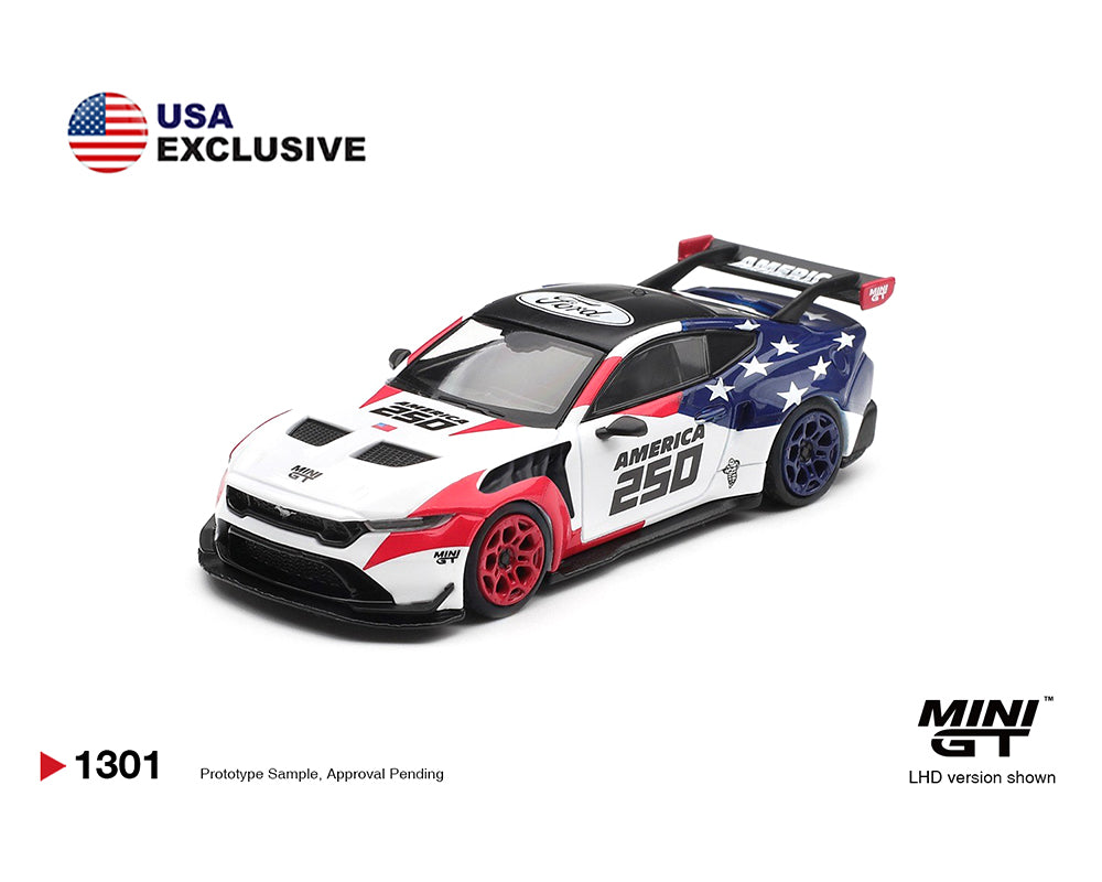 Model car with American flag design on a white background, featuring the MINI GT brand.