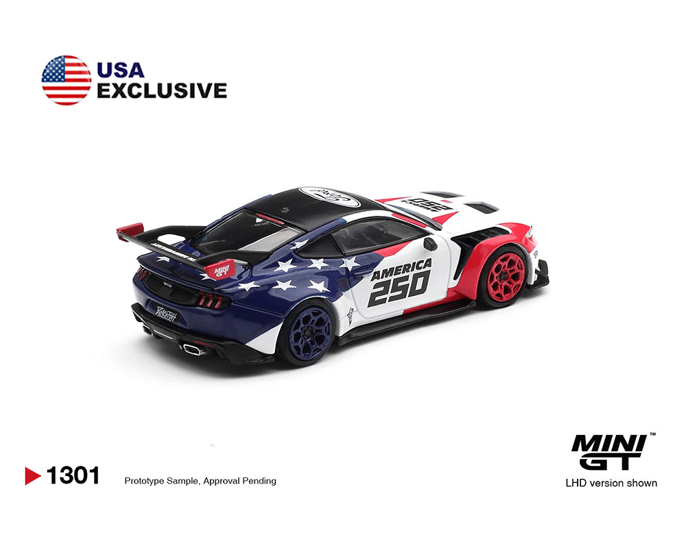 Model car with American flag design on a white background, featuring 'MINI GT' branding.