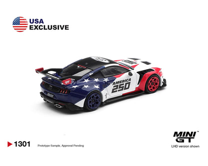 Model car with American flag design on a white background, featuring 'MINI GT' branding.