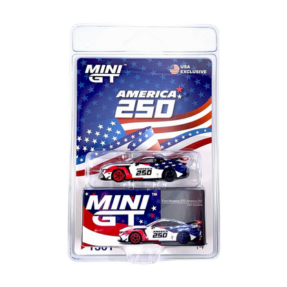 MINI GT America 250 toy car in its original blister packaging, featuring a red, white, and blue race car with a patriotic American flag design.