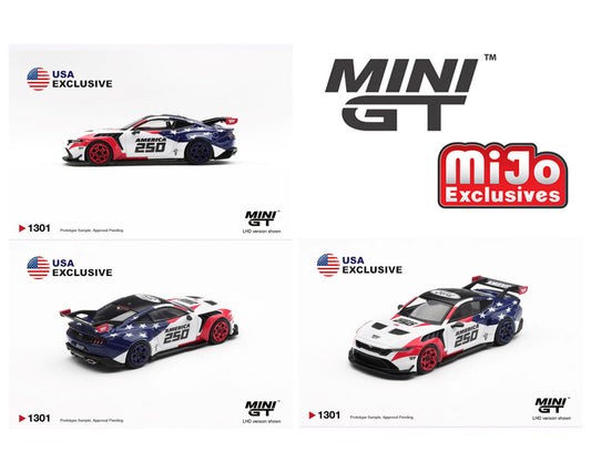 Three model cars with 'MINI GT' branding on a white background