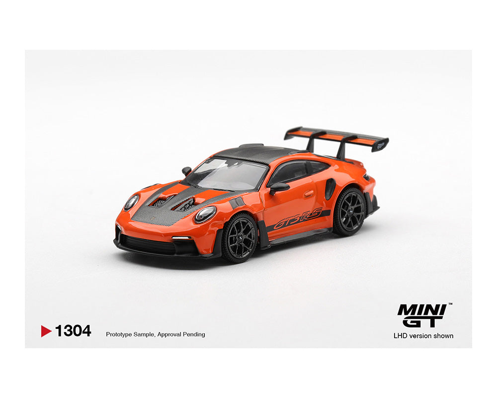 Orange and black sports car model on a white background with 'MINI GT' branding.