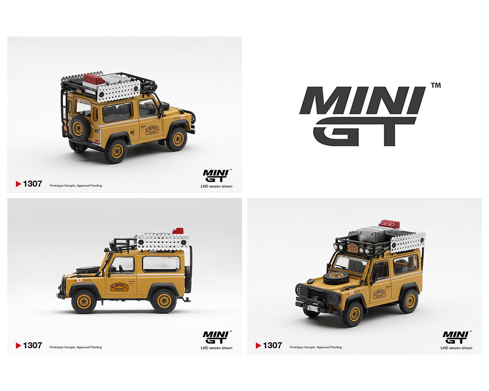 Yellow model car with roof rack on a white background, featuring 'MINI GT' branding.