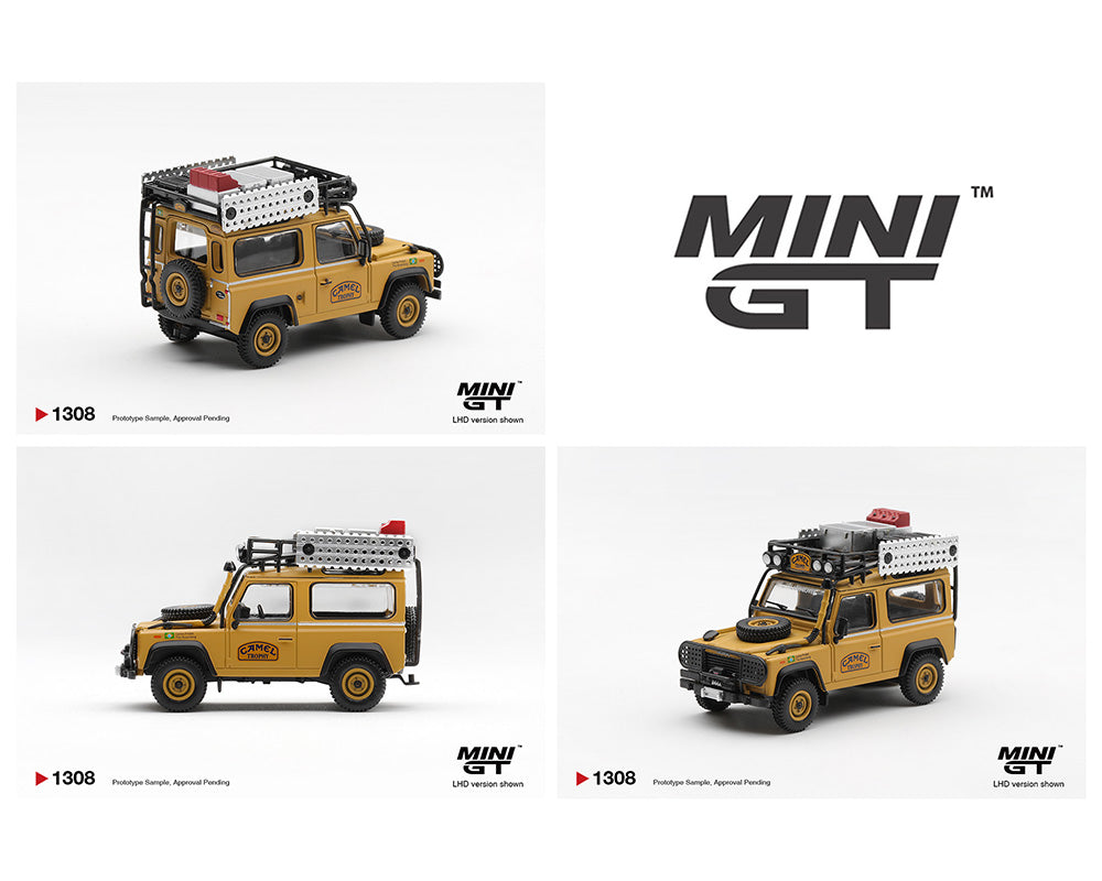 Three model cars of a yellow vehicle with roof racks on a white background, featuring the 'MINI GT' brand.