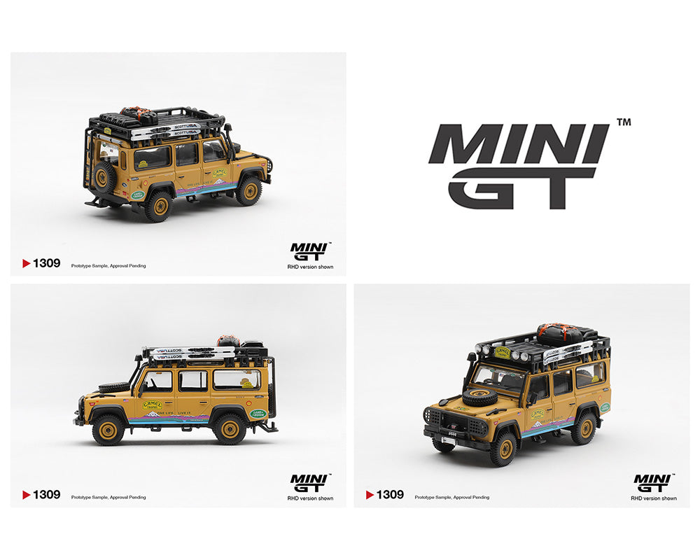 Three model cars of a yellow SUV with roof racks on a white background, featuring the 'MINI GT' brand.