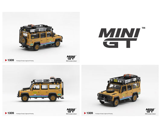 Three model cars of a yellow SUV with roof racks on a white background, featuring the 'MINI GT' brand.
