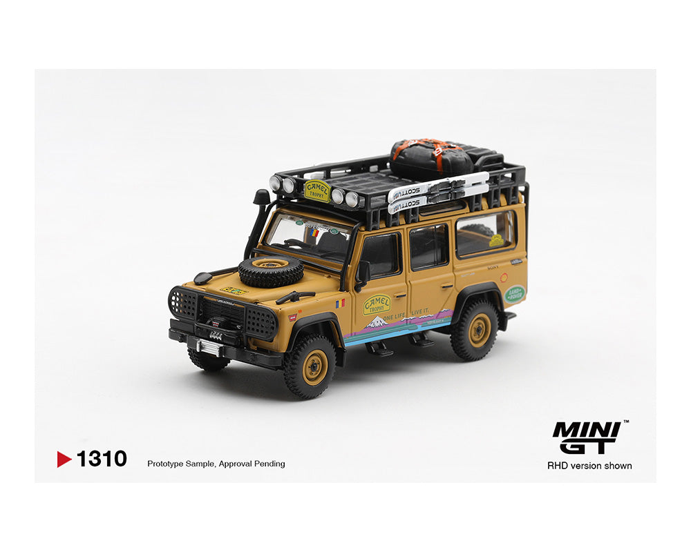 Model toy car resembling a Land Rover with roof racks on a white background, featuring the MINI GT logo.