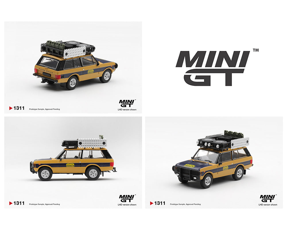 Three model cars with roof racks on a white background, featuring the 'MINI GT' brand.