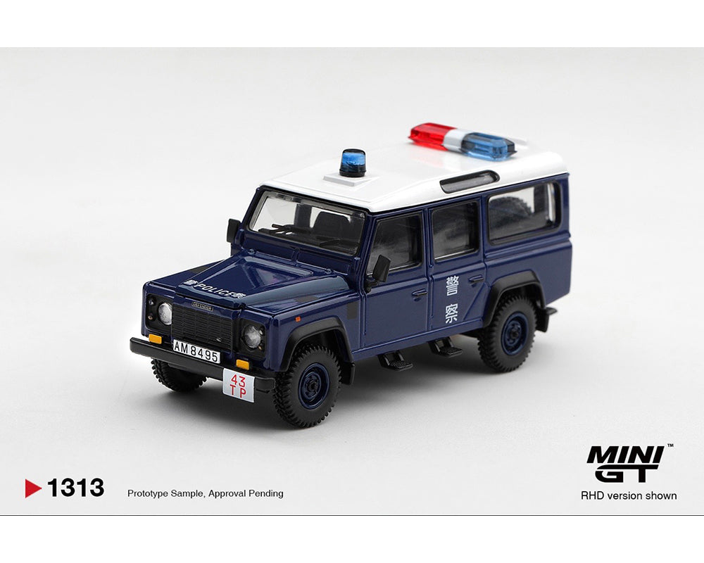 MINI GT 1:64 Land Rover Defender 110 Hong Kong Police Diecast Model Car in Dark Blue with Police Lights RHD MGT01313-BL