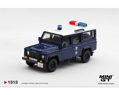 MINI GT 1:64 Land Rover Defender 110 Hong Kong Police Diecast Model Car in Dark Blue with Police Lights RHD MGT01313-BL
