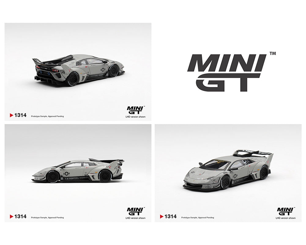 Three views of a model car with 'MINI GT' branding on a white background