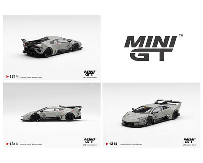 Three views of a model car with 'MINI GT' branding on a white background
