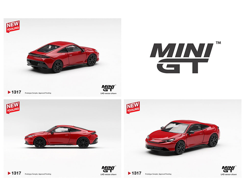 Red model car with 'MINI GT' branding on a white background