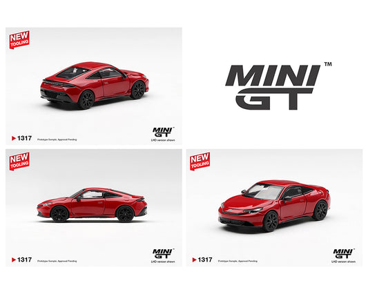 Red model car with 'MINI GT' branding on a white background
