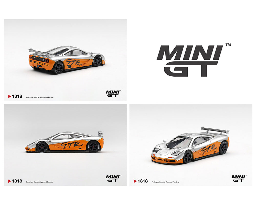 Three miniature cars with 'GTR' branding on a white background, featuring the Mini GT logo.