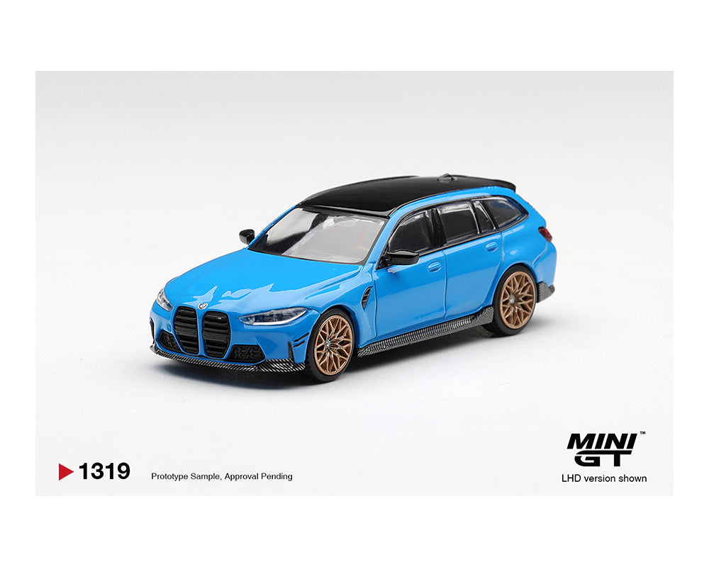 Blue model car with gold wheels on a white background, featuring the MINI GT logo.
