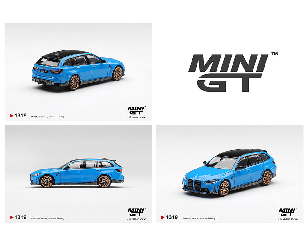 Three blue model cars displayed with 'MINI GT' branding on a white background.