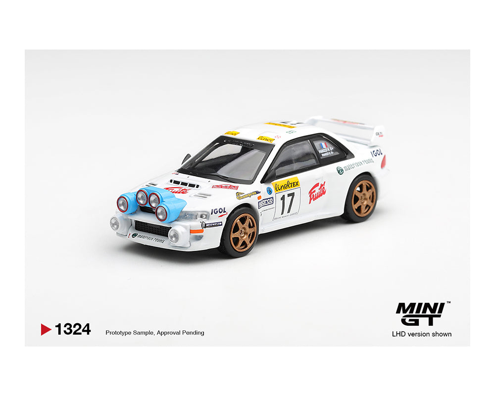 Model car with racing livery on a white background, featuring the Mini GT brand.