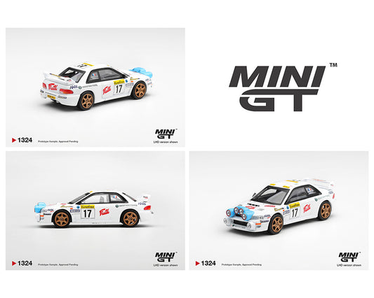 Three model cars with 'MINI GT' branding on a white background