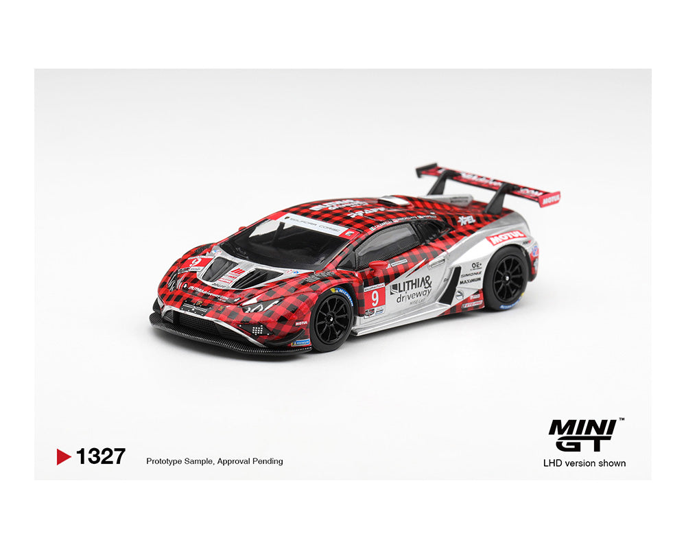 Model car with red and black design on a white background, featuring the MINI GT logo.