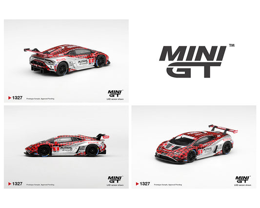 Three model cars with 'MINI GT' branding on a white background
