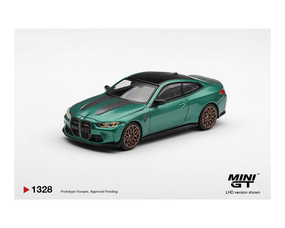 Model car of a green and black sports car on a white background with 'MINI GT' branding.