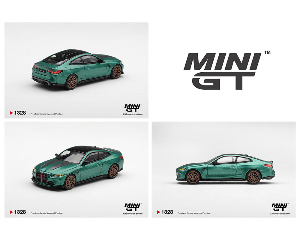 Collection of green model cars with 'MINI GT' branding on a white background