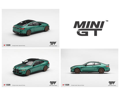 Collection of green model cars with 'MINI GT' branding on a white background
