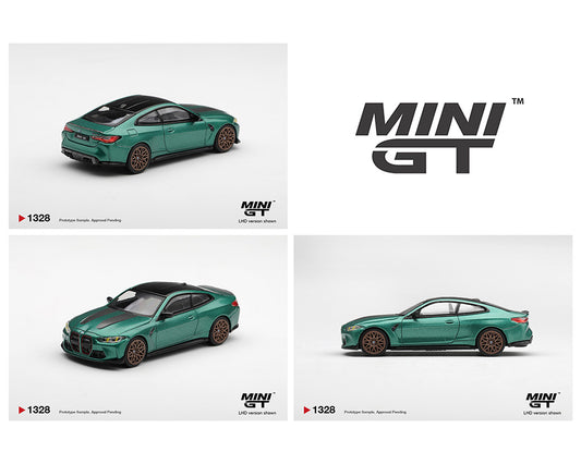 Collection of green model cars with 'MINI GT' branding on a white background