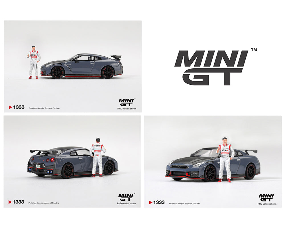 MINI GT MGT01333-R Nissan GT-R R35 NISMO Special Edition Stealth Gray with driver figure 1:64 diecast model, shown from a left side profile in right-hand drive configuration with carbon fiber accents, red trim, rear wing and authentic NISMO detailing.