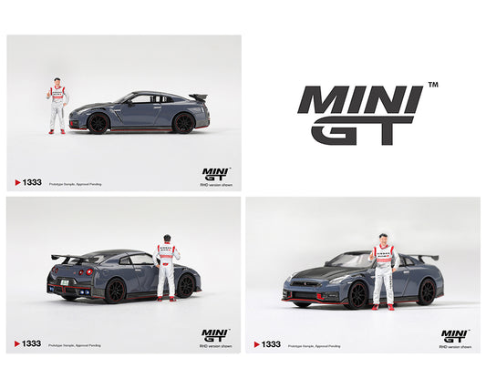 MINI GT MGT01333-R Nissan GT-R R35 NISMO Special Edition Stealth Gray with driver figure 1:64 diecast model, shown from a left side profile in right-hand drive configuration with carbon fiber accents, red trim, rear wing and authentic NISMO detailing.
