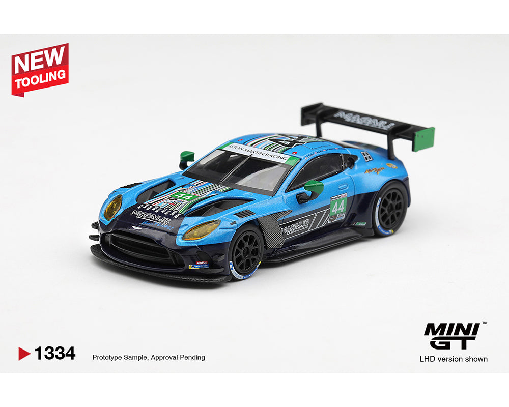 MINI GT MGT01334-BL Aston Martin Vantage GT3 Heart of Racing Team 2024 IMSA Daytona GTD PRO #44 Front Left Three-Quarter View 1:64