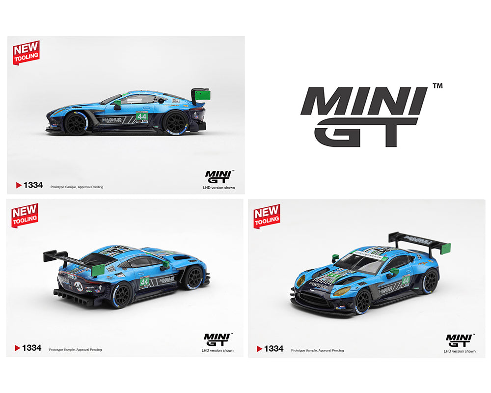 MINI GT MGT01334-BL Aston Martin Vantage GT3 Heart of Racing Team 2024 IMSA Daytona GTD PRO #44 Front Left Three-Quarter View 1:64