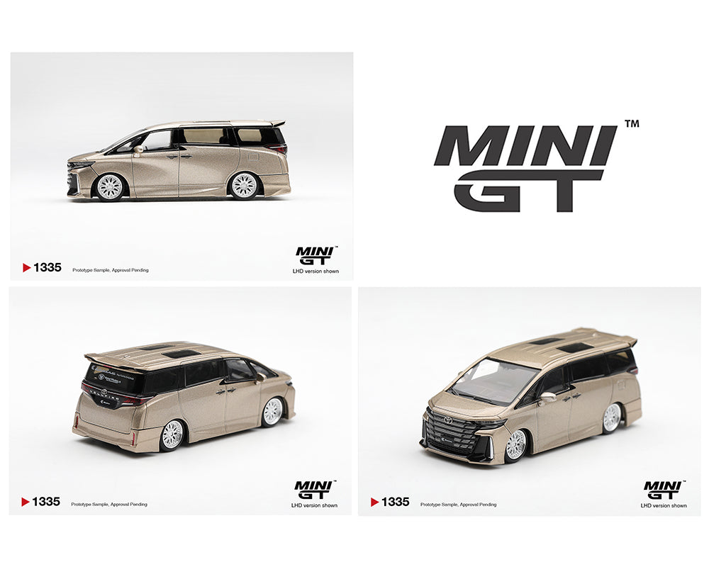 MINI GT MGT01335-BL Toyota Vellfire Z Premier Modellista 1:64 diecast model in Precious Metal, shown from a left side profile with Modellista body kit, lowered stance, premium multi-spoke wheels, left-hand drive configuration and authentic Toyota detailing.