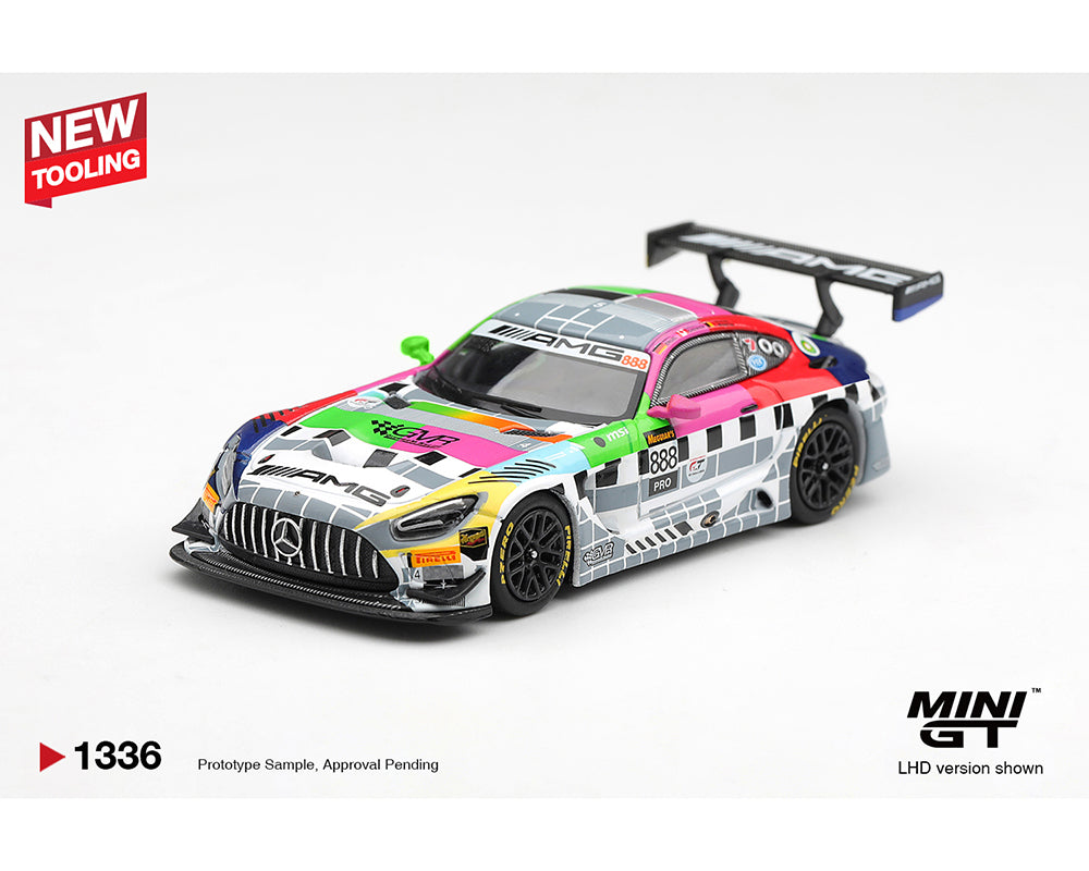 MINI GT MGT01336-BL Mercedes-AMG GT3 EVO 888 Pro Racing Team 1:64 diecast model in a multi-color racing livery, shown from a front left three-quarter view with authentic sponsor graphics, aerodynamic bodywork, large rear wing and premium race car detailing.