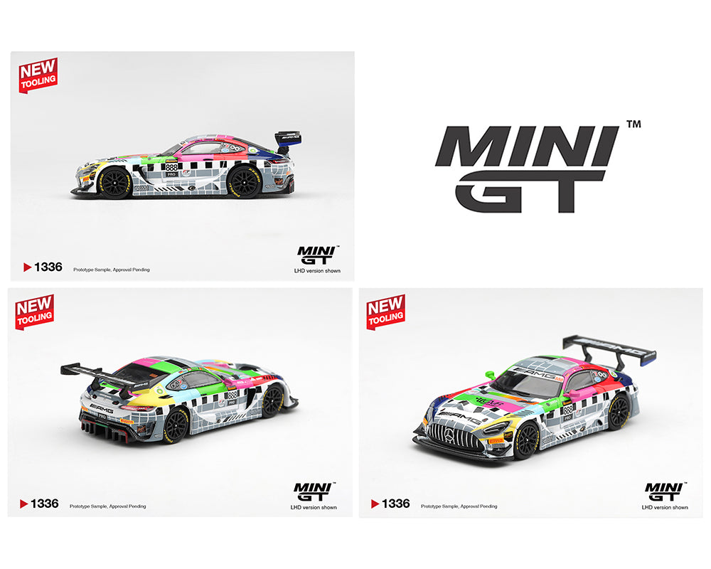 MINI GT MGT01336-BL Mercedes-AMG GT3 EVO 888 Pro Racing Team 1:64 diecast model in a multi-color racing livery, shown from a left side profile with authentic sponsor graphics, aerodynamic bodywork, large rear wing and detailed race car styling.