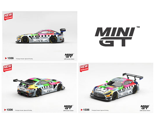 MINI GT MGT01336-BL Mercedes-AMG GT3 EVO 888 Pro Racing Team 1:64 diecast model in a multi-color racing livery, shown from a left side profile with authentic sponsor graphics, aerodynamic bodywork, large rear wing and detailed race car styling.