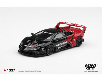 MINI GT MGT01337-BL Liberty Walk Lamborghini Huracan GT EVO ADVAN 1:64 diecast model in black and red ADVAN racing livery, shown from a front left three-quarter view with Liberty Walk widebody kit, oversized rear wing, aggressive aerodynamic bodywork and authentic sponsor graphics.