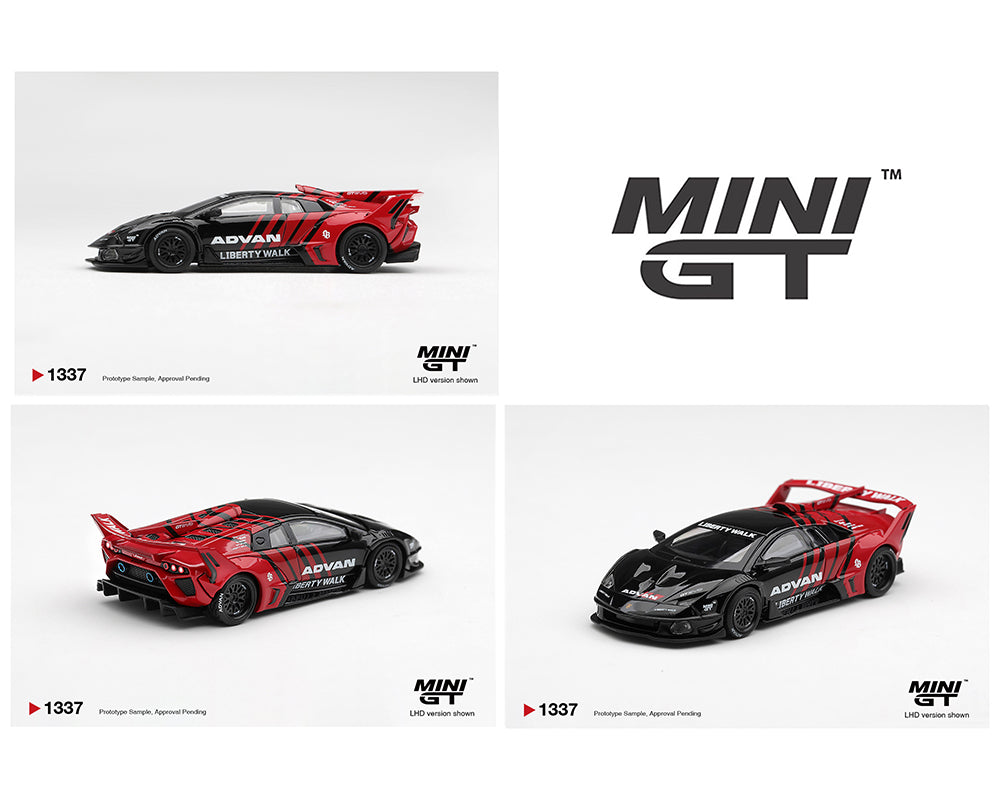 MINI GT MGT01337-BL Liberty Walk Lamborghini Huracan GT EVO ADVAN 1:64 diecast model in black and red ADVAN racing livery, shown from a left side profile with Liberty Walk widebody kit, oversized rear wing, aerodynamic bodywork and authentic sponsor graphics.