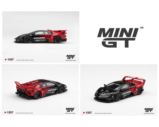 MINI GT MGT01337-BL Liberty Walk Lamborghini Huracan GT EVO ADVAN 1:64 diecast model in black and red ADVAN racing livery, shown from a left side profile with Liberty Walk widebody kit, oversized rear wing, aerodynamic bodywork and authentic sponsor graphics.
