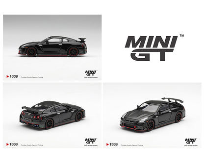 MINI GT 1:64 Nissan GT-R NISMO in gloss black featuring a carbon fiber hood, red-accented aero kit, large rear wing, black multi-spoke wheels with red trim, quad titanium-style exhaust tips, and NISMO styling. Prototype diecast model shown from multiple angles, LHD version, product code MGT01338-BL.