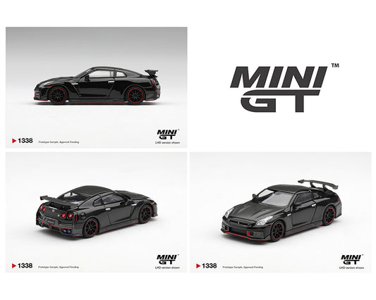 MINI GT 1:64 Nissan GT-R NISMO in gloss black featuring a carbon fiber hood, red-accented aero kit, large rear wing, black multi-spoke wheels with red trim, quad titanium-style exhaust tips, and NISMO styling. Prototype diecast model shown from multiple angles, LHD version, product code MGT01338-BL.
