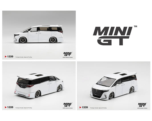 MINI GT 1:64 Toyota Alphard in pearl white with a lowered stance, custom body kit, black grille, silver deep-dish wheels, dual sunroofs, and rear spoiler. Product code MGT01339-BL. Prototype diecast model shown from side, front, and rear three-quarter views.