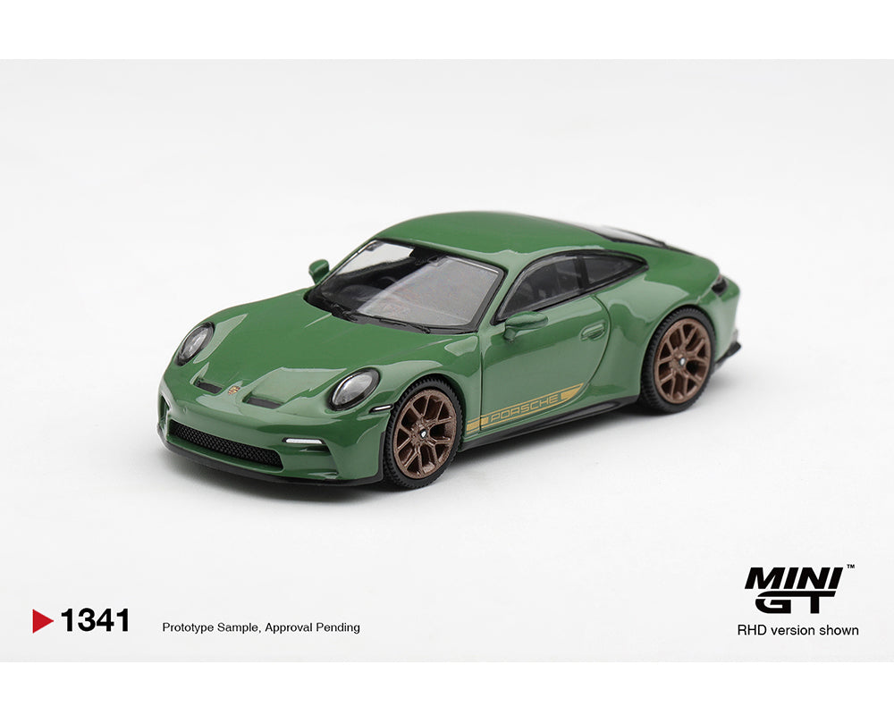 MINI GT 1:64 Porsche 911 Carrera T in Shade Green featuring bronze multi-spoke wheels, gold Carrera side stripes, black trim, and signature round headlights. Prototype diecast model shown in a front three-quarter view, RHD version, product code MGT01341-BL.